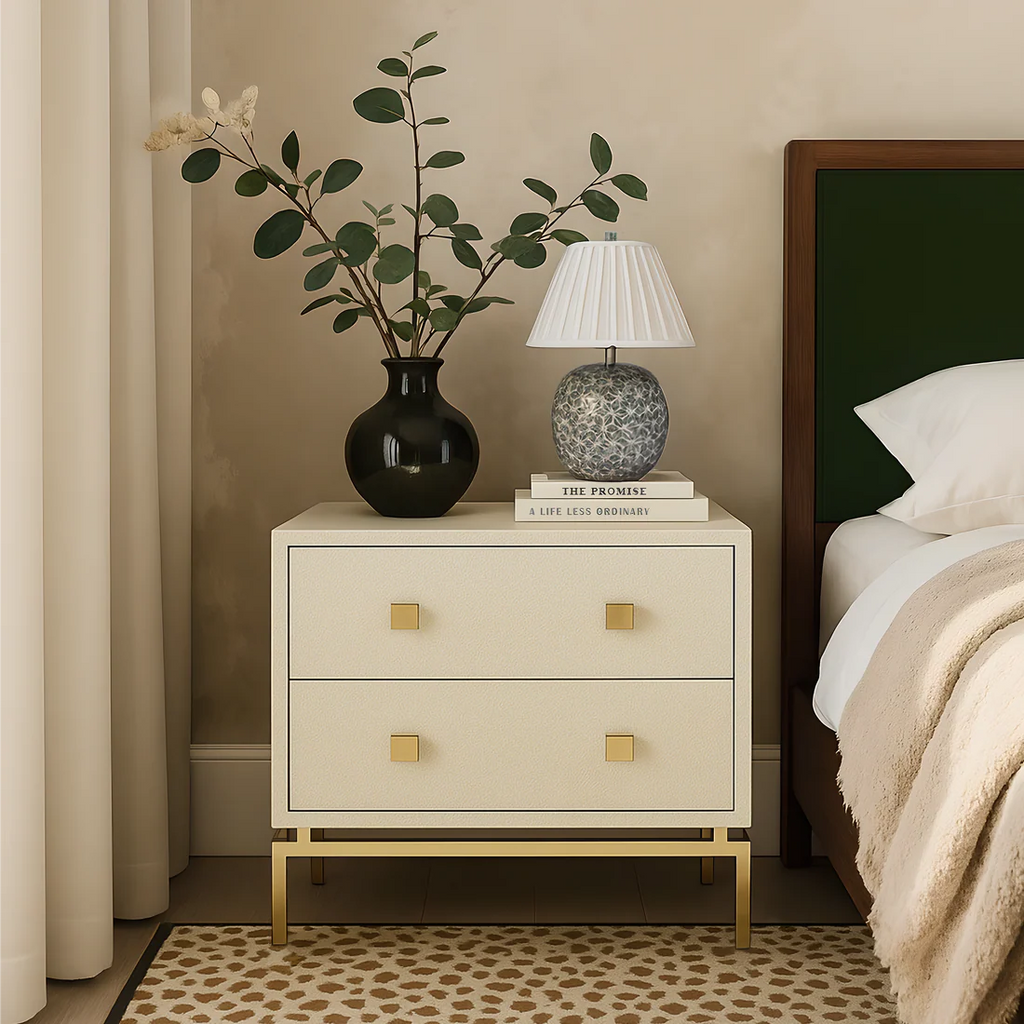25 inch faux sharkskin double drawer bedside table