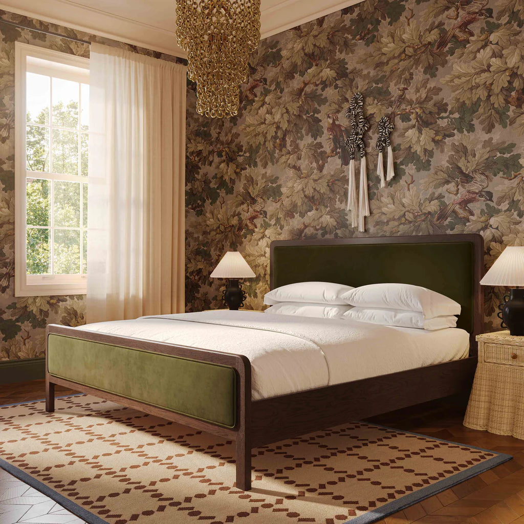 Velvet and ash wood bed